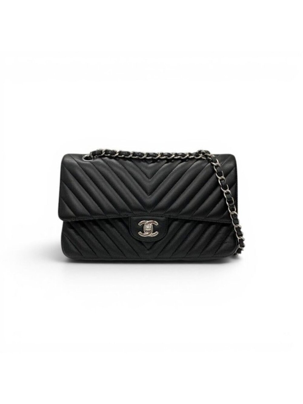 Chanel Shoulder Bag Black Silver Blanc CC Logo Stitch Double Chain Flap Turnlock